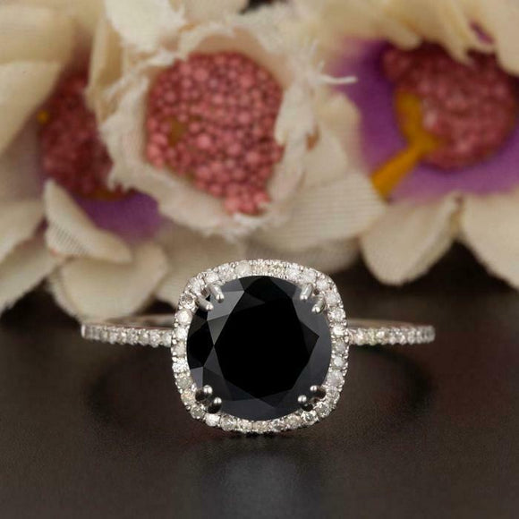 1.5ct Cushion Black Diamond Engagement Ring 14k White Gold Finish Halo Stackable