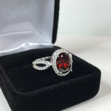 2ct Oval Cut Red Garnet Halo Split Band Engagement Ring 14k White Gold Finish