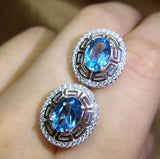 2.7ct Stud Earrings Oval Cut Blue Topaz Stylish Halo 14k White Gold Finish