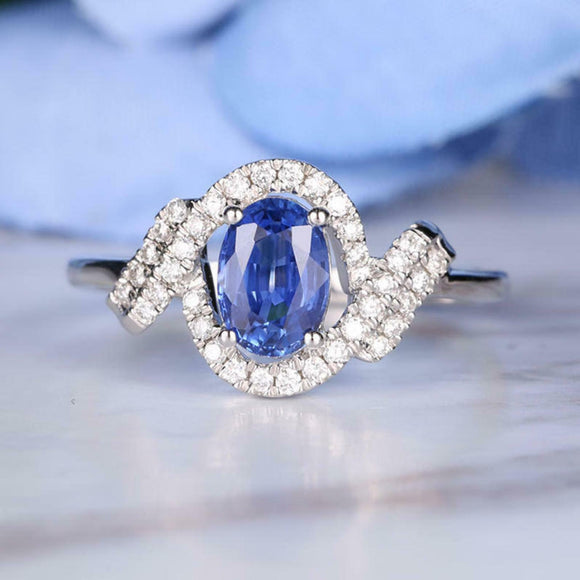 2.5ct Oval Blue Sapphire Twist Halo Solitaire Engagement Ring 14k WhiteGold Over