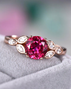 2.5Ct Round Cut Pink Ruby Engagement Ring 14K Rose Gold Finish Marquise Accents