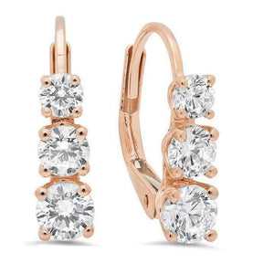 3Ct Round Cut Diamond Three Stone Drop Earrings for Women 14K Rose Gold Finish