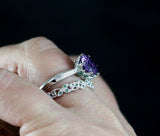 3Ct Round Purple Amethyst Emerald Vintage Band Bridal Set 14K White Gold Finish