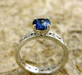 0.5Ct Round Blue Sapphire Filigree Solitaire Engagement Ring 14K White Gold Over