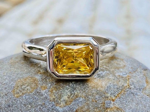 2.1ct Engagement Ring Radiant Cut Yellow Citrine Solitaire 14k White Gold Finish