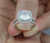 5Ct Cushion Cut Diamond Bridal Set Halo Round Accent Ring 14K White Gold Finish