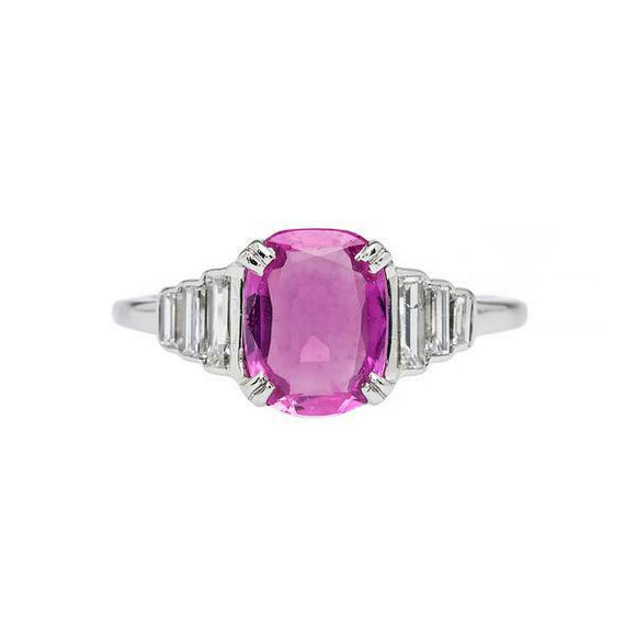 2ct Cushion Cut Pink Sapphire Engagement Ring Baguette Accent 14k WhiteGold Over