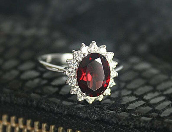 2ct Oval Cut Red Garnet Diamond Floral Halo Solitaire Ring 14k White Gold Finish