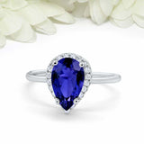 3ct Pear Cut Sapphire Engagement Ring Diamond Halo Minimalist 14k WhiteGold Over