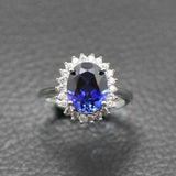 3ct Oval Cut Blue Sapphire Diamond Floral Halo Solitaire Ring 14k WhiteGold Over