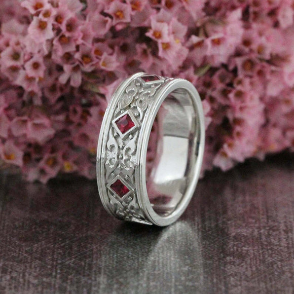 2ct Princess Cut Pink Ruby Wedding Band Vintage Filigree 14k White Gold Finish