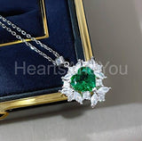 2ct Heart Cut Simulated Emerald Cluster Halo Pendant Chain 14k White Gold Plated