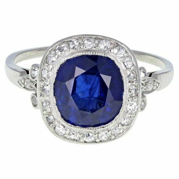 2ct Cushion Cut Blue Sapphire Engagement Ring Diamond Halo 14k White Gold Finish