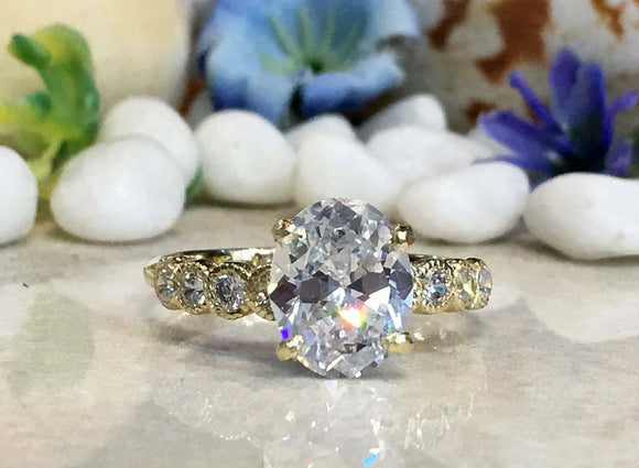 2ct Engagement Ring Oval Cut Diamond Round Accent Design 14k Yellow Gold Finish