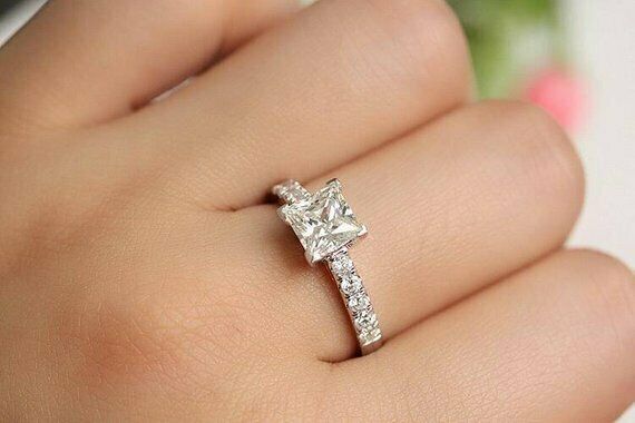 1.1ct Princess Cut VVS1 Diamond Accent Engagement Ring 14k White Gold Finish