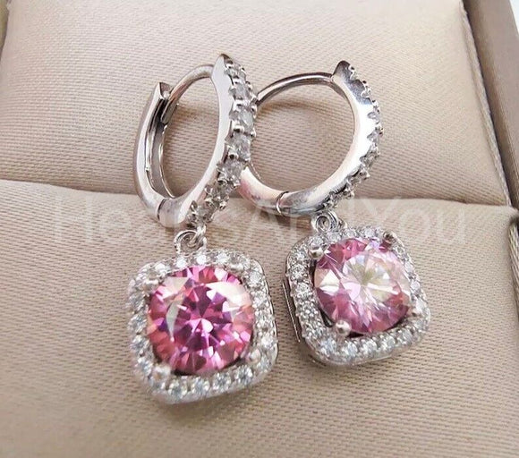 2ct Round Cut Simulated Pink Sapphire Halo Dangle Earrings 14k White Gold Plated