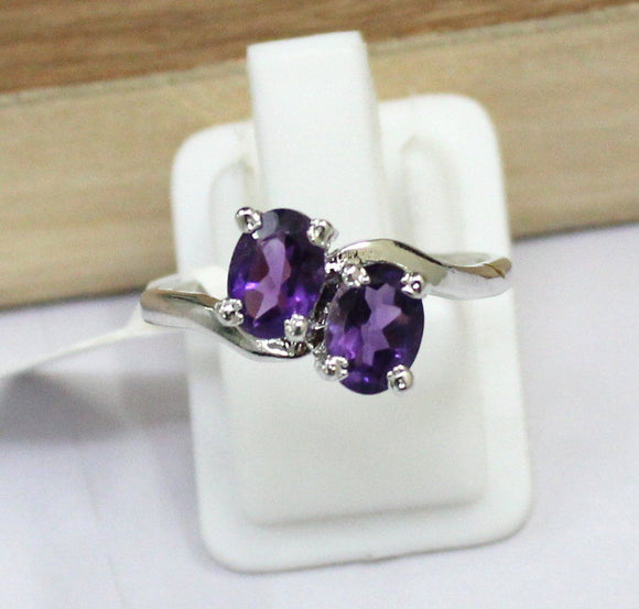 2ct Oval Purple Amethyst Two Stone ByPass Engagement Ring 14k White Gold Finish