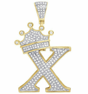 0.65ct Round Cut Diamond Crown Initial X Letter Pendant 14k Yellow Gold Finish