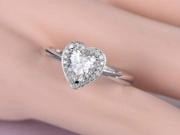 1.2ct Heart Cut Diamond Engagement Ring 14k White Gold Finish Halo Heart Shape