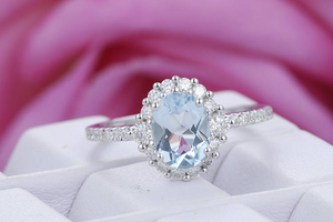 2ct Oval Blue Aquamarine Engagement Ring Diamond Halo Women 14k White Gold Over