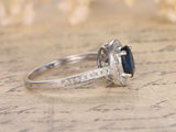 1.5ct Oval Blue Sapphire Engagement Ring 14k White Gold Finish Floral Solitaire