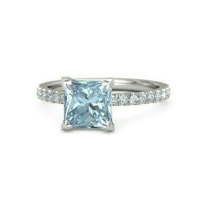 4Ct Princess Blue Aquamarine Diamond Accent Engagement Ring 14K White Gold Over