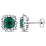 2Ct Cushion Cut Green Emerald Diamond Halo Stud Earrings 14K White Gold Finish