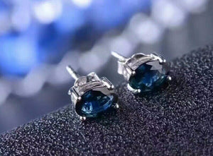 1ct Stud Earrings Oval Cut London Blue Topaz Solitaire 14k White Gold Finish