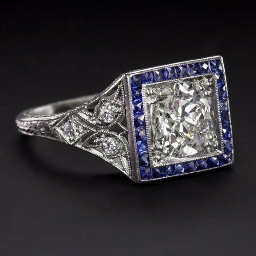 4Ct Round Cut Diamond Art Deco Sapphire Halo Engagement Ring 14K White Gold Over