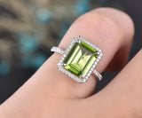 3Ct Emerald Cut Green Peridot Halo Solitaire Engagement Ring 18K White Gold Over