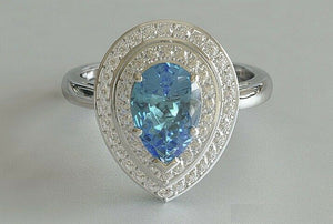 3ct Pear Cut Blue Aquamarine Engagement Ring Double Halo 14k White Gold Finish