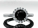 1.7ct Round Cut Black Diamond Accents Halo Engagement Ring 14k White Gold Finish