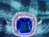 2ct Cushion Cut Blue Sapphire Engagement Ring 14k White Gold Finish Double Halo