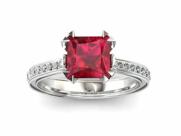 1.5ct Princess Cut Ruby Dual Prong Solitaire with Accent Ring 14k WhiteGold Over