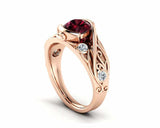 2ct Round Cut Red Garnet Leaf Vine Solitaire Round Accent Ring 14k RoseGold Over