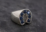 2.3ct Engagement Ring Round Cut Blue Sapphire Horse Shoe 14k White Gold Finish