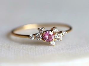 1ct Engagement Ring Round Cut Pink Sapphire Cluster Design 14k YellowGold Finish