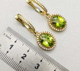 2.1ct Drop Earrings Oval Cut Green Peridot Diamond Halo 14k Yellow Gold Finish