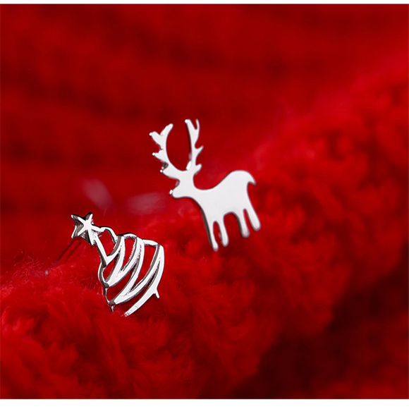 Lovely Small Deer Christmas Tree Stud Earrings Women Girls 14k White Gold Finish