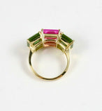 4Ct Emerald Cut Pink Sapphire Peridot Three Stone Ring 14K Yellow Gold Finish