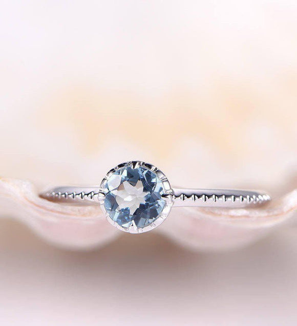 0.6ct Round Blue Aquamarine Stylish Design Engagement Ring 14k White Gold Finish