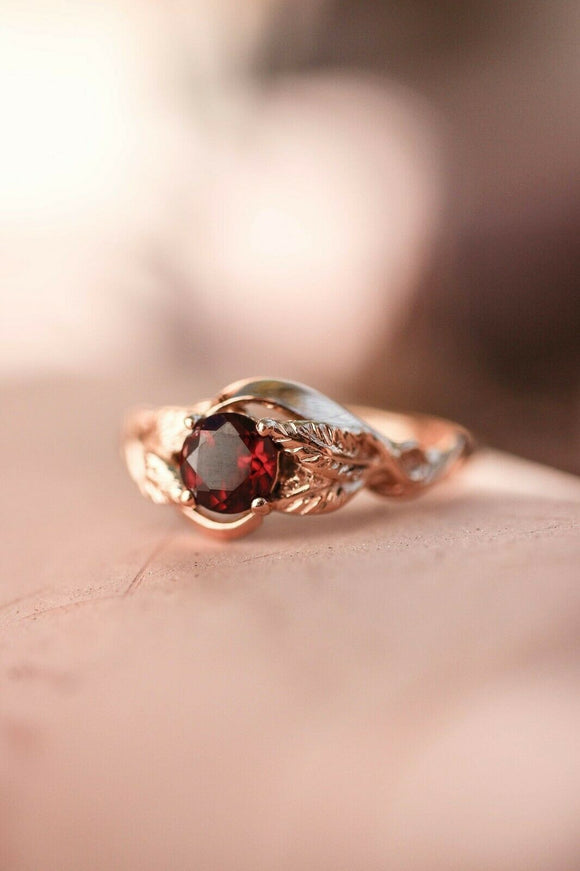 1ct Round Cut Red Garnet Engagement Ring Leaf Vine Solitaire 14k RoseGold Finish