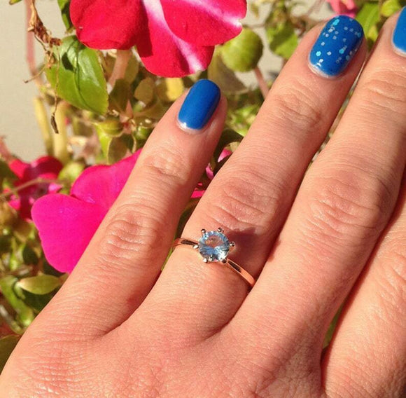 1.1ct Engagement Ring Round Cut Blue Aquamarine Solitaire 14k Rose Gold Finish