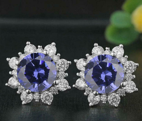 4ct Round Cut Tanzanite Diamond Halo Cocktail Stud Earrings 14K White Gold Over