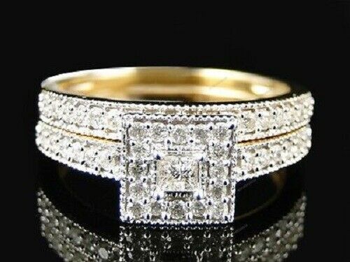 3Ct Princess Cut Diamond Bridal Set Halo Engagement Ring 14K Yellow Gold Finish