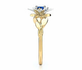 1ct Round Cut Blue Sapphire Floral Leaves Solitaire Ring 14k Dual Gold Finish