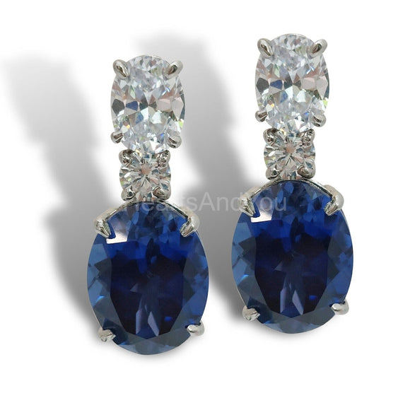 2ct Oval Simulated Blue Sapphire Three Stone Stud Earrings 14k White Gold Plated