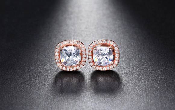 2ct Cushion Cut VVS1D Diamond Halo Solitaire Stud Earrings 14k Rose Gold Finish