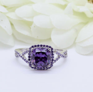 3Ct Cushion Cut Purple Amethyst Split Band Engagement Ring 14K White Gold Finish