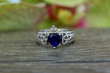 1ct Heart Cut Blue Sapphire Engagement Ring Celtic Trinity 14k White Gold Finish